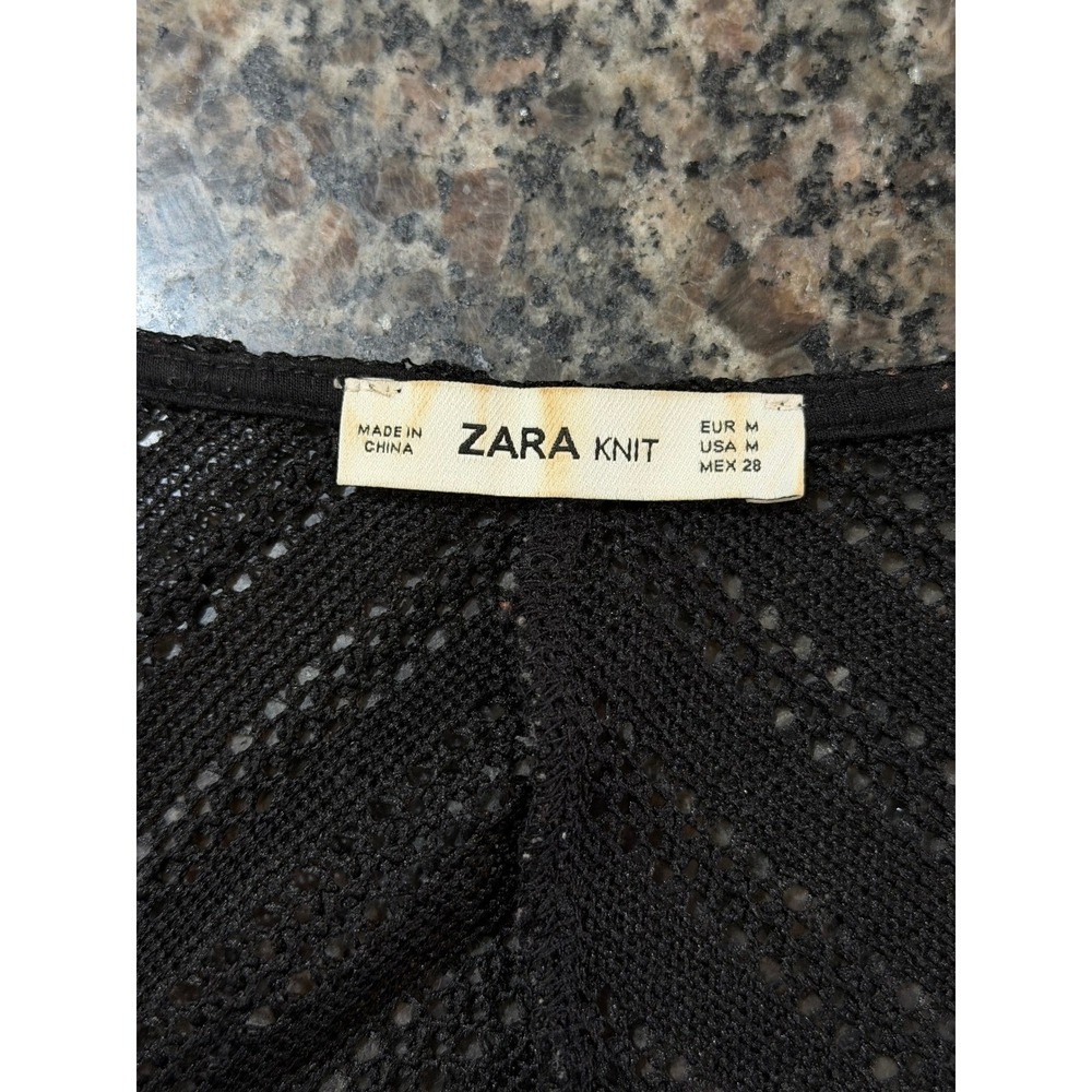 Zara Knit Black Crochet Chevron Pointelle V-Neck Midi Dress Short Sleeve Medium - Picture 2 of 5